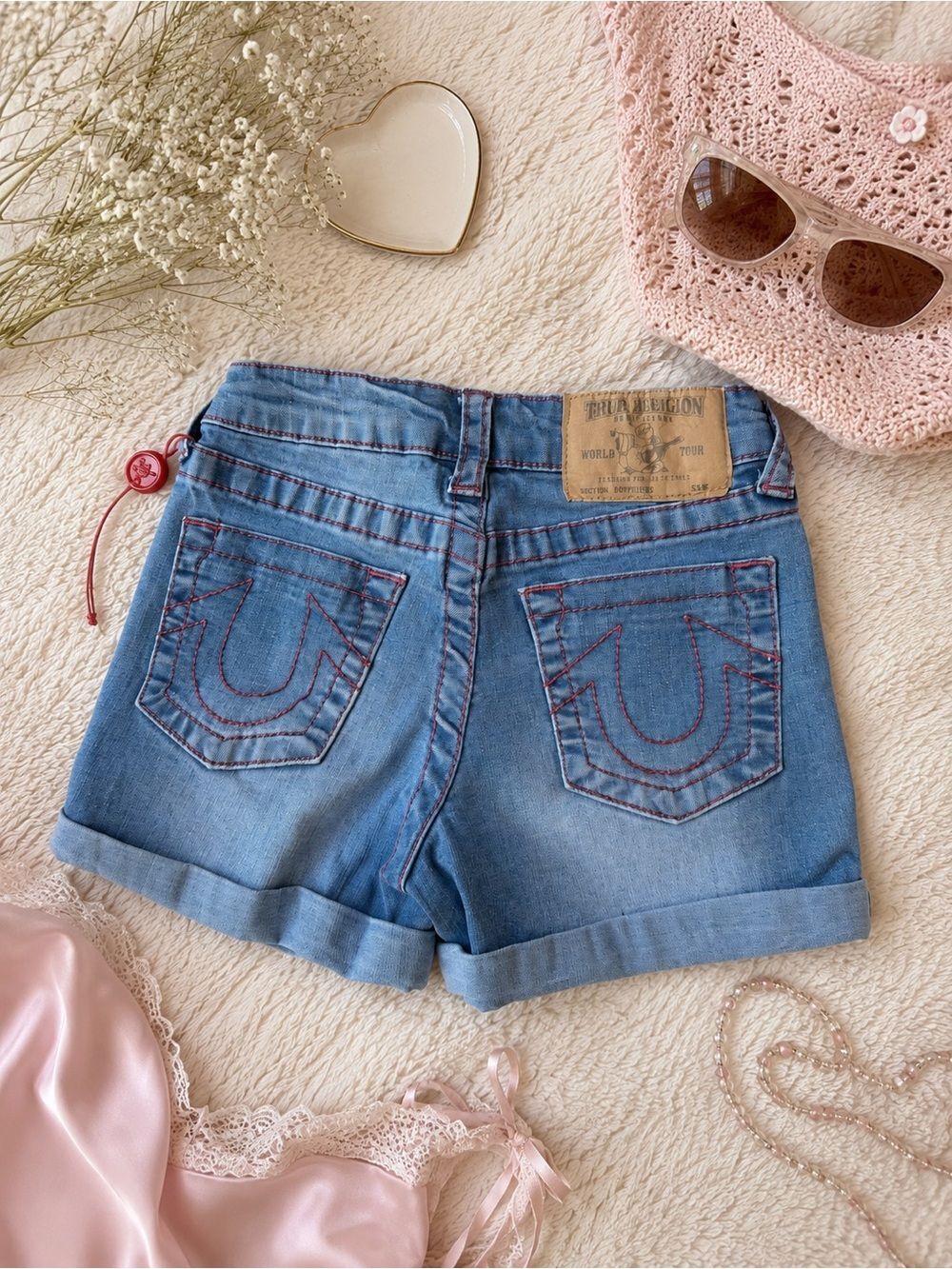 True Religion Girls Denim Shorts Size 6X NWT Pink Stitch Cuffed